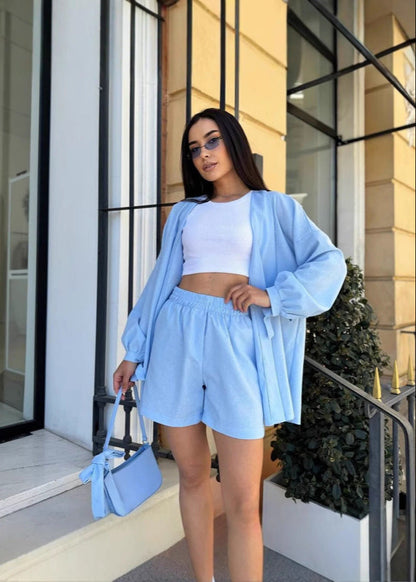 Taffy Wrap-Front Linen Set – Belted Long Sleeve Shirt & High-Waisted Shorts