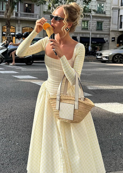 Pink Gingham Long Sleeve Midi Dress – Vintage Square Neck Fit and Flare