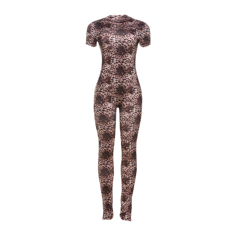 Mono sexy de manga corta con estampado de leopardo, ajustado, sin espalda y con personalidad para otoño e invierno, ropa para mujer