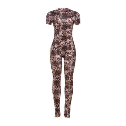 Mono sexy de manga corta con estampado de leopardo, ajustado, sin espalda y con personalidad para otoño e invierno, ropa para mujer