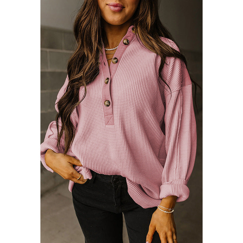 Summer Pullover round Neck Long Sleeves Top Women Loose Oversize Waffle Sweatshirt Women
