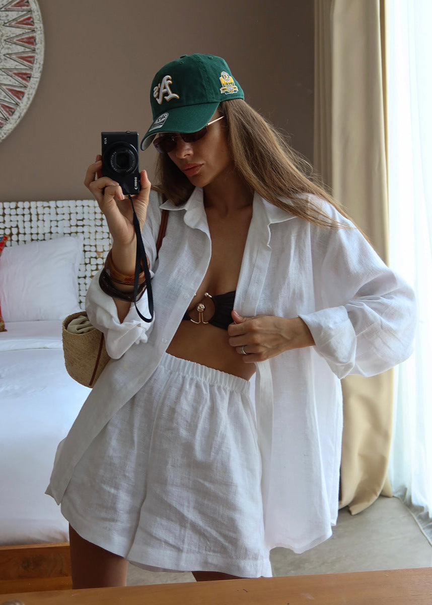 Isla – White Linen Shirt and Shorts Set