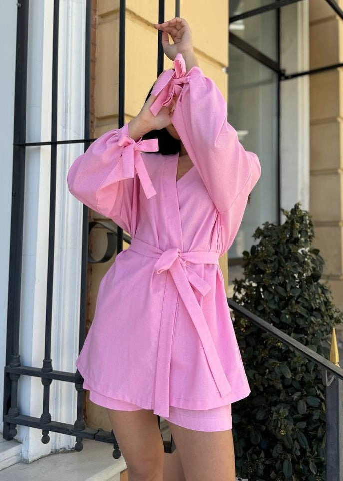 Taffy Wrap-Front Linen Set – Belted Long Sleeve Shirt & High-Waisted Shorts