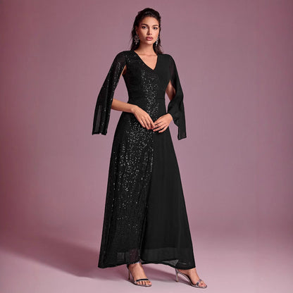 Women Prom Evening Dress Sequin Stitching V neck Split Long Sleeve Party Evening Dress