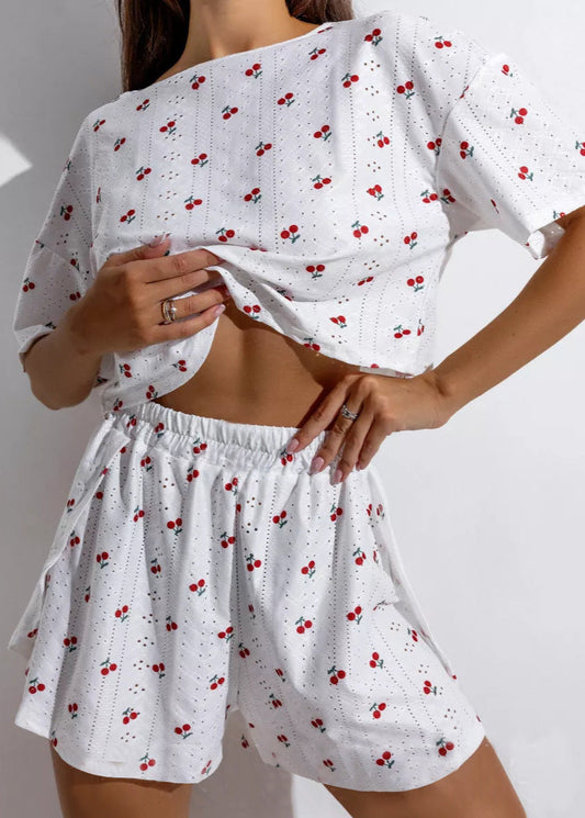 Cherry Pop - Eyelet Crop Top & Flowy Shorts Set