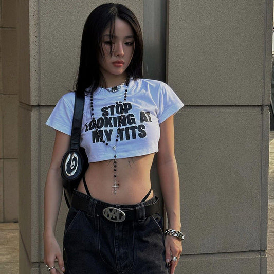 Camiseta corta sexy de otoño, informal, ajustada, combinable con todo, con letras estampadas, miniabrigo para mujer