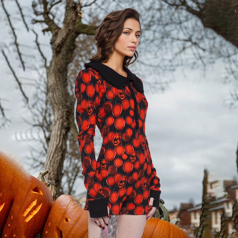 Mono de Halloween con diseño de globo y mueca de IA en color negro y rojo para mujer