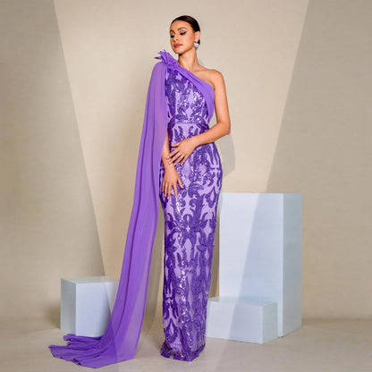 Women Clothing High Class Elegant Long Sleeve Diagonal Collar Ribbon Cocktail Sheath Sequined Evening Dress Dress