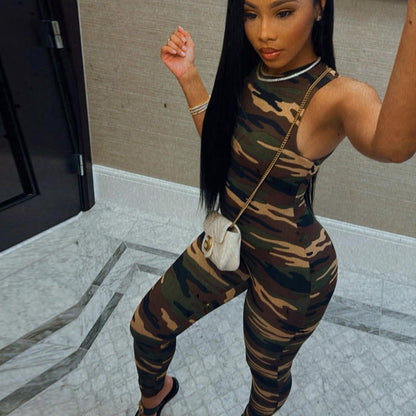 Autumn Winter Camouflage Sexy round Neck One Piece Sleeveless Long Tight Jumpsuit