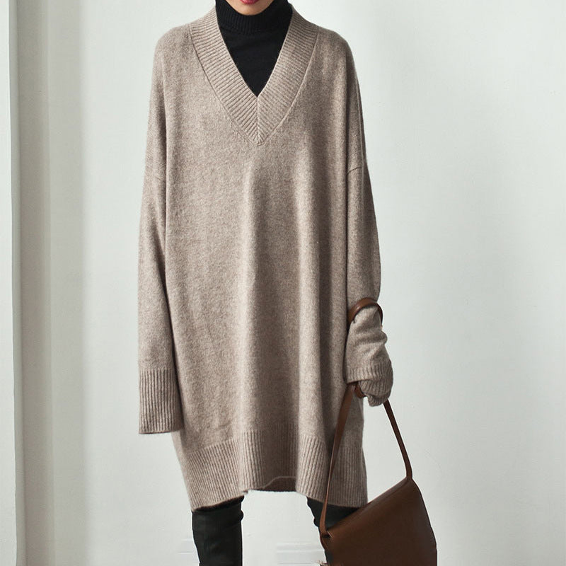 Autumn Winter Korean V Neck Sweater Mid Length Loose Sweater Women Pullover Thick Dress