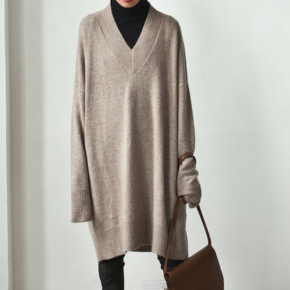Autumn Winter Korean V Neck Sweater Mid Length Loose Sweater Women Pullover Thick Dress