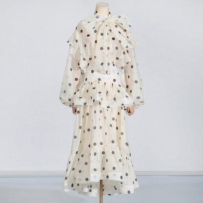 Australian Show Polka Dot Set Women Trendy Scarf Collar Ruffled Shirt Top Long Skirt Sets