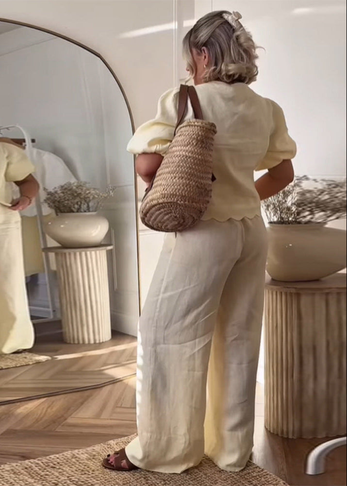 Limonetta - Scalloped Tie-Front Blouse & Wide-Leg Pants Set