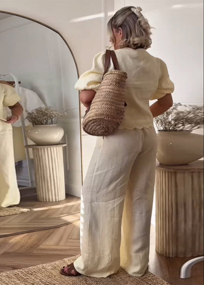 Limonetta - Scalloped Tie-Front Blouse & Wide-Leg Pants Set