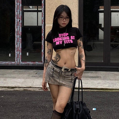 Camiseta corta sexy de otoño, informal, ajustada, combinable con todo, con letras estampadas, miniabrigo para mujer