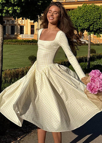 Pink Gingham Long Sleeve Midi Dress – Vintage Square Neck Fit and Flare