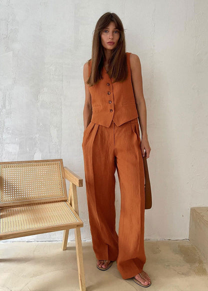 Linen Vest & Wide-Leg Pants Set