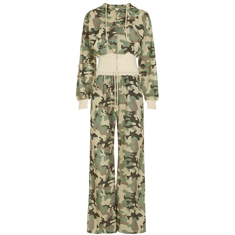 Casual Contrast Color Cinched Hoodie Long Sleeve Sweatshirt Sweatpants Two Piece Camouflage Cardigan Coat Trousers Sets