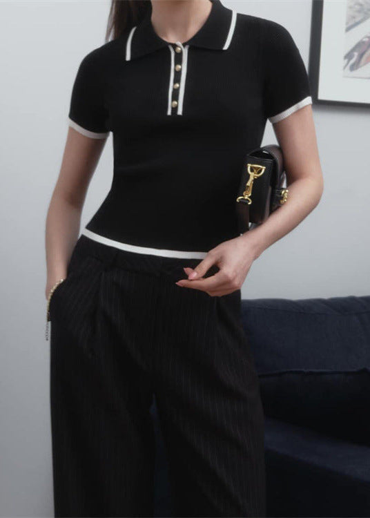 Vienna Line - Ribbed Knit Polo Top with Contrast Trim