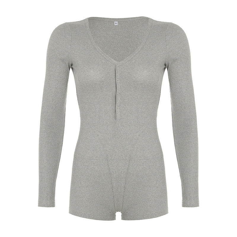 Autumn Winter Women Clothing Solid Color Buttons Deep V Plunge neck Sexy Sports Workout Long Sleeve Romper