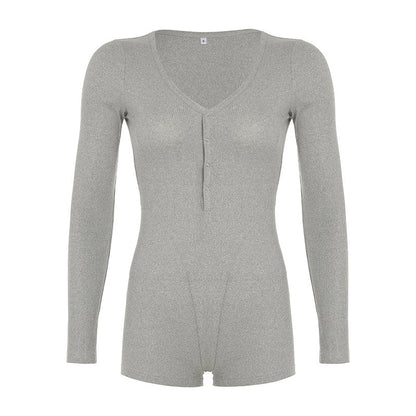 Autumn Winter Women Clothing Solid Color Buttons Deep V Plunge neck Sexy Sports Workout Long Sleeve Romper