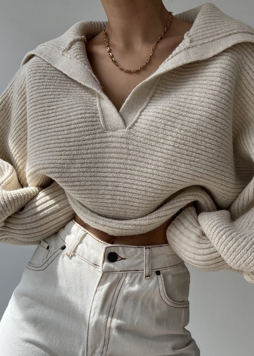 Oversized Ribbed Knit CollaRed Sweater