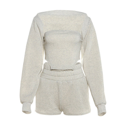 Autumn Winter Women Clothing Solid Color Sexy Tube Top Vest Cardigan Outer Casual Shorts Three Piece Set for Women