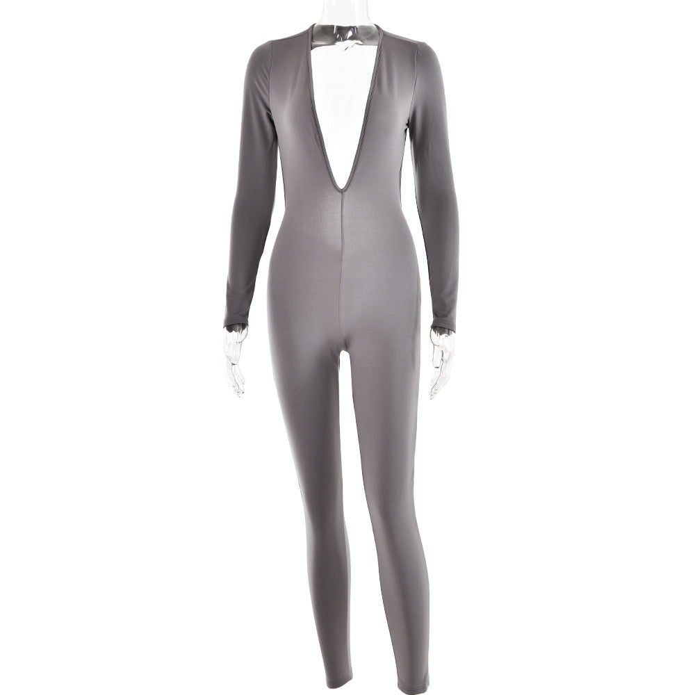 Autumn Deep V Plunge neck Long Sleeved Leggings Women Sexy Backless Tight Jumpsuit