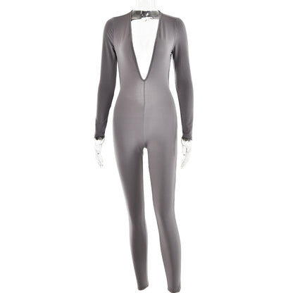Autumn Deep V Plunge neck Long Sleeved Leggings Women Sexy Backless Tight Jumpsuit