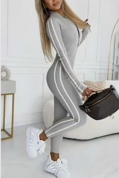 Autumn Winter Women Slim Striped Half Zipper Jumpsuit