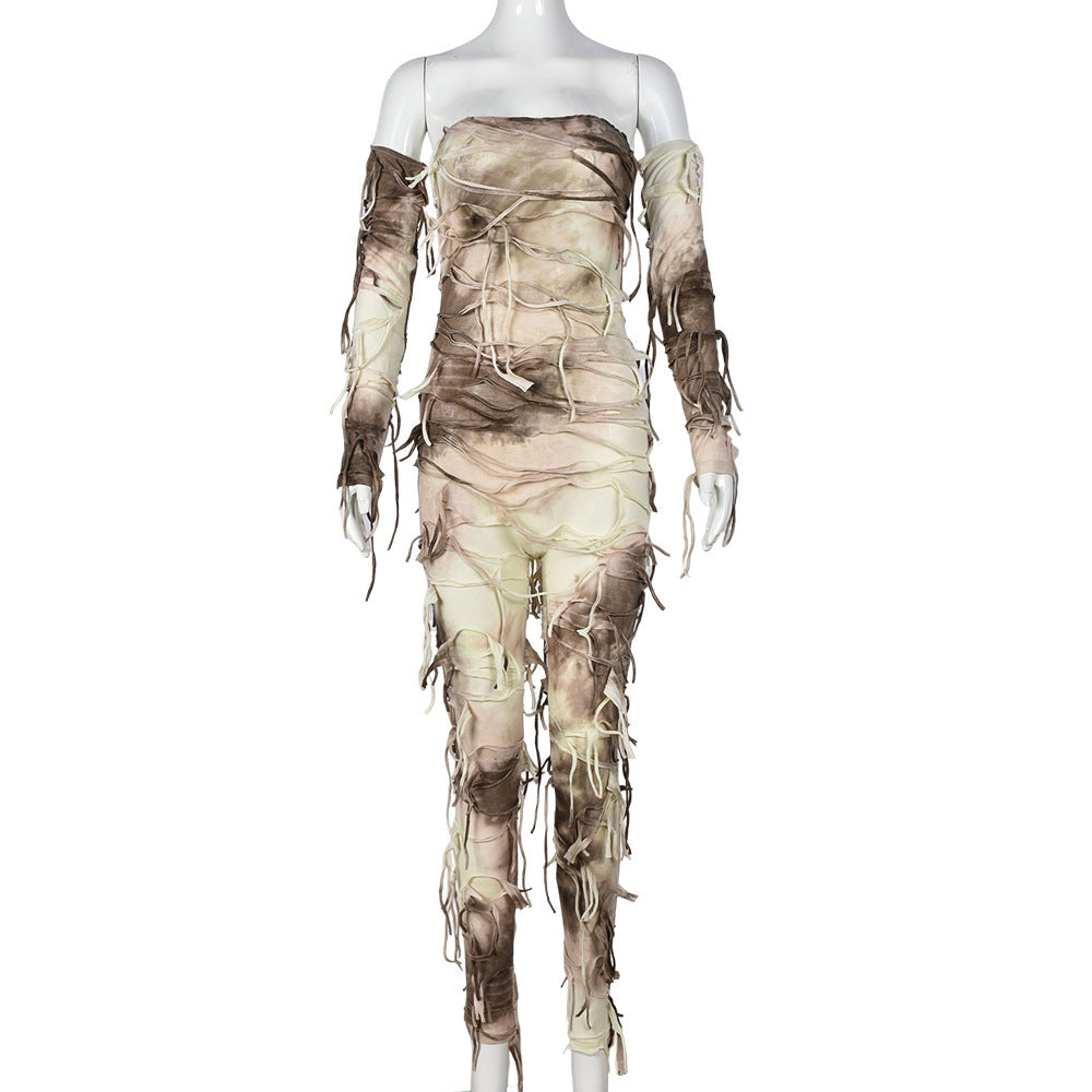 Autumn Tie Dyed Tassel Sexy Bandeau Backless Ice Sleeve Jumpsuit for Women