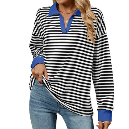 Autumn Winter Contrast Color Lapels Loose Long Sleeve Striped Sweater for Women