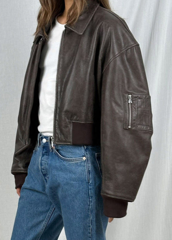 Vintage Charm Leather Bomber Jacket