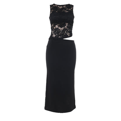 Vestido elegante de otoño con escote en V y encaje calado para mujer