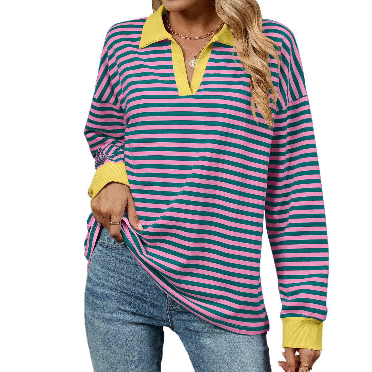 Autumn Winter Contrast Color Lapels Loose Long Sleeve Striped Sweater for Women