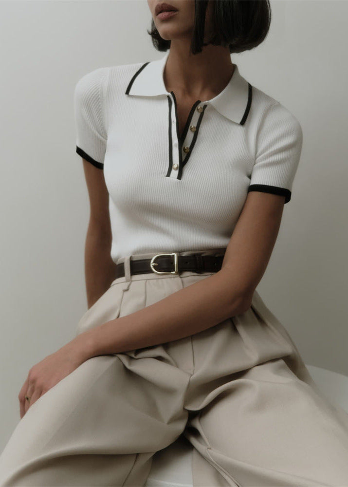 Vienna Line - Ribbed Knit Polo Top with Contrast Trim