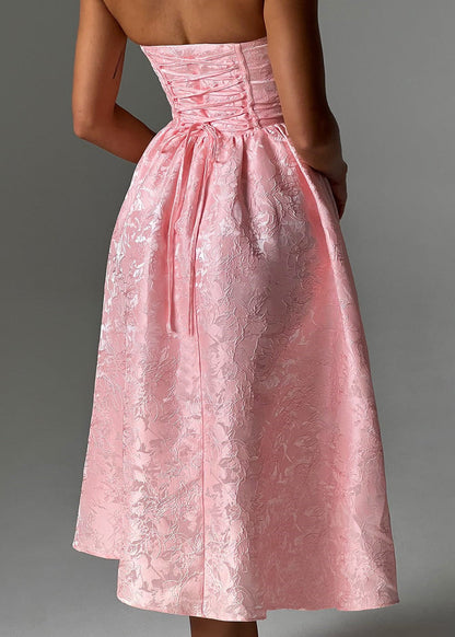 Blush Rosette – Strapless Jacquard Midi Dress with Corset Back