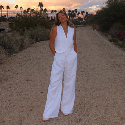Ropa de mujer, chaleco sin mangas de lino y algodón de verano, conjunto de dos piezas, conjunto informal para mujer