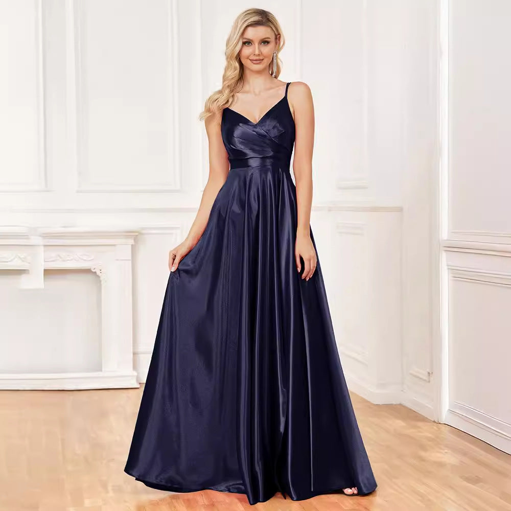 Vestido largo azul de seda con tirantes y espalda descubierta para dama de honor, vestido de noche para mujer