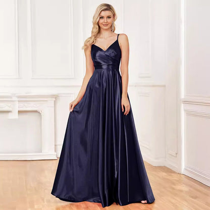 Vestido largo azul de seda con tirantes y espalda descubierta para dama de honor, vestido de noche para mujer