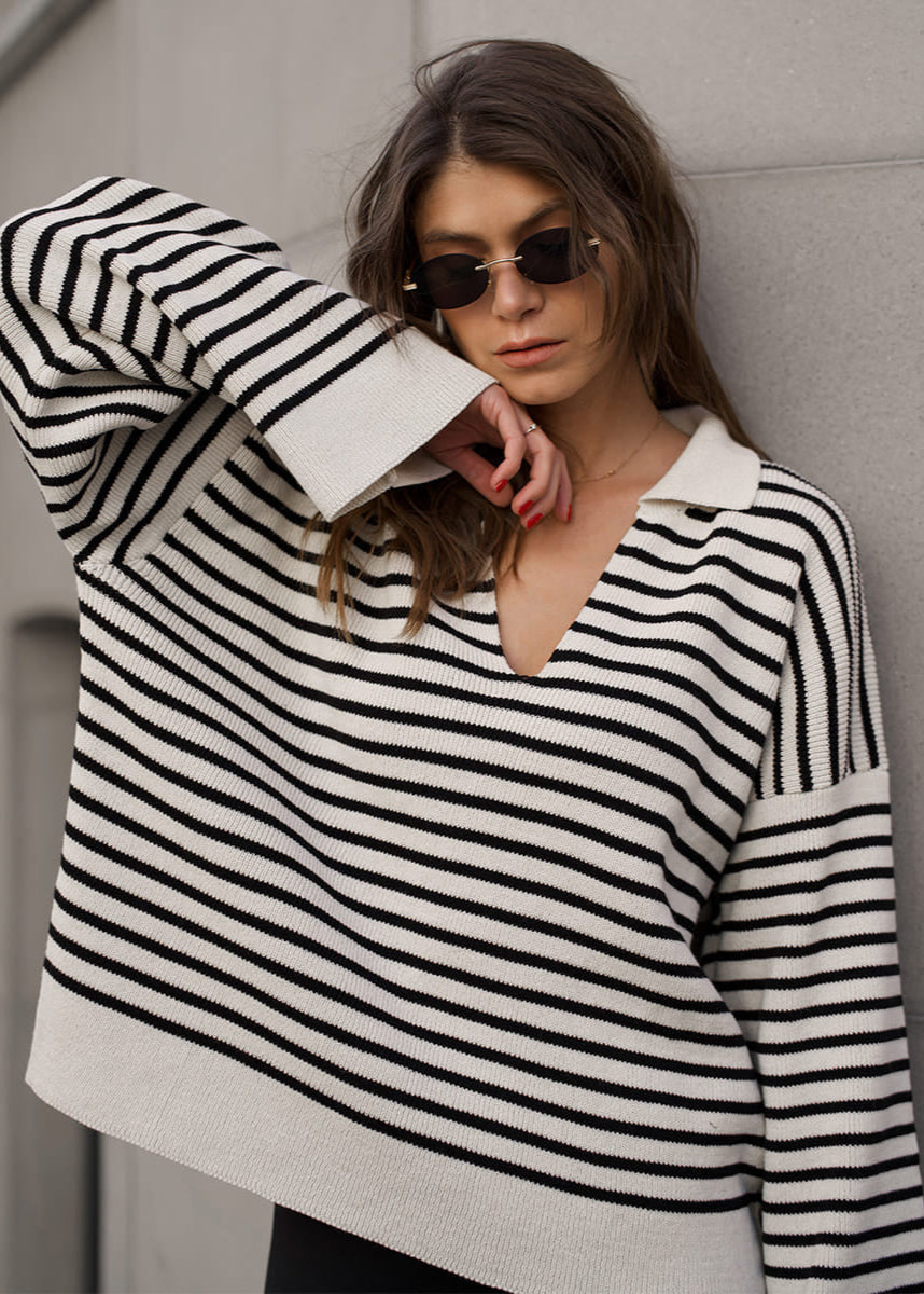 Mariner – Striped V-Neck Knit Sweater with Wide Sleeves
