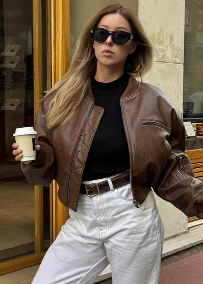 Rhea - Cropped Faux Leather Bomber Jacket