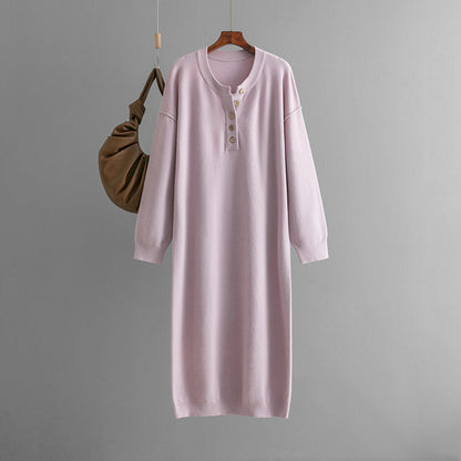 Autumn Winter Button Knitwear Dress Solid Color Loose Casual Sweater Women