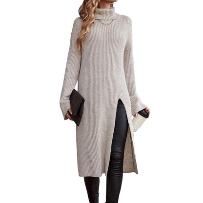 Autumn Winter Loose Turtleneck Long Sleeve Split Dress Sweater