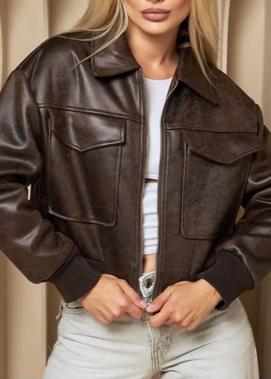 Noa - Vintage Faux Leather Bomber Jacket