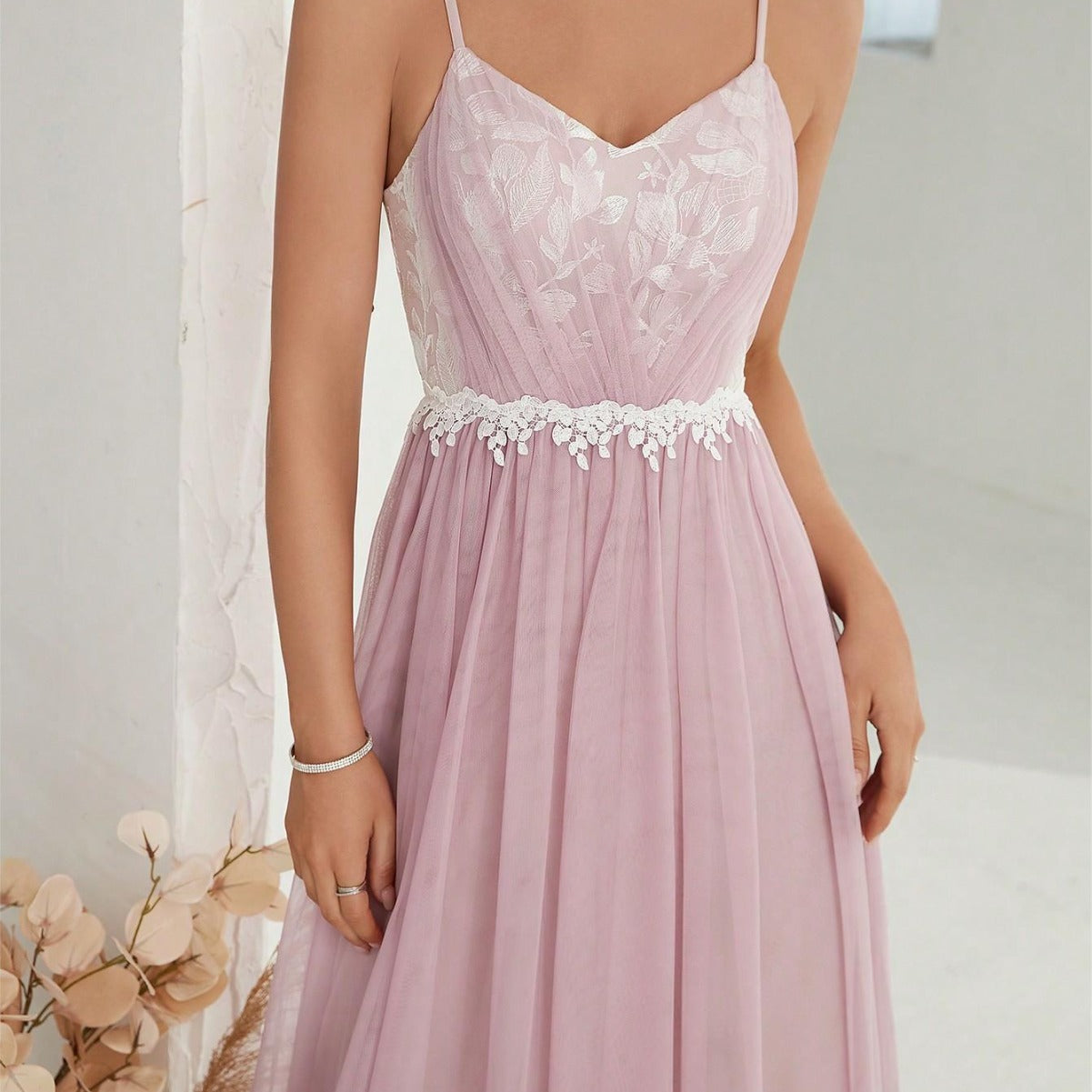 Women Suspender Evening Dress Mesh Cross Fold Lace Contrast Color Maxi Dress Summer