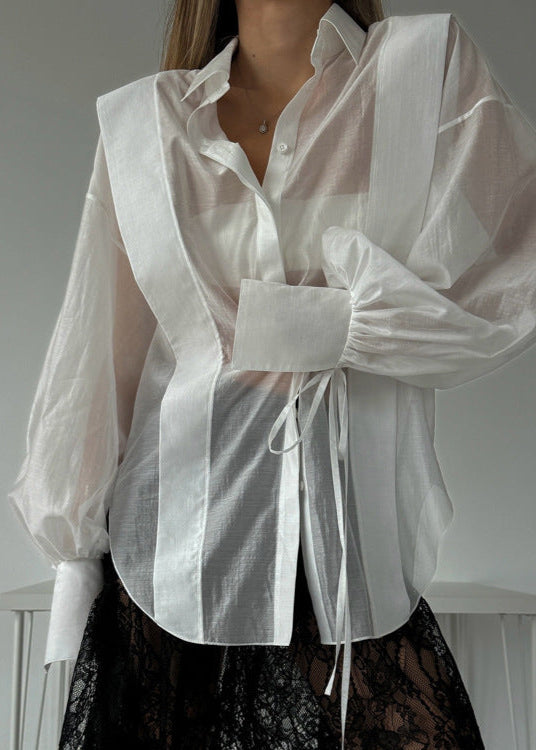 Rosette – Oversized Shirt with Ribbon-Tie Puff Sleeves