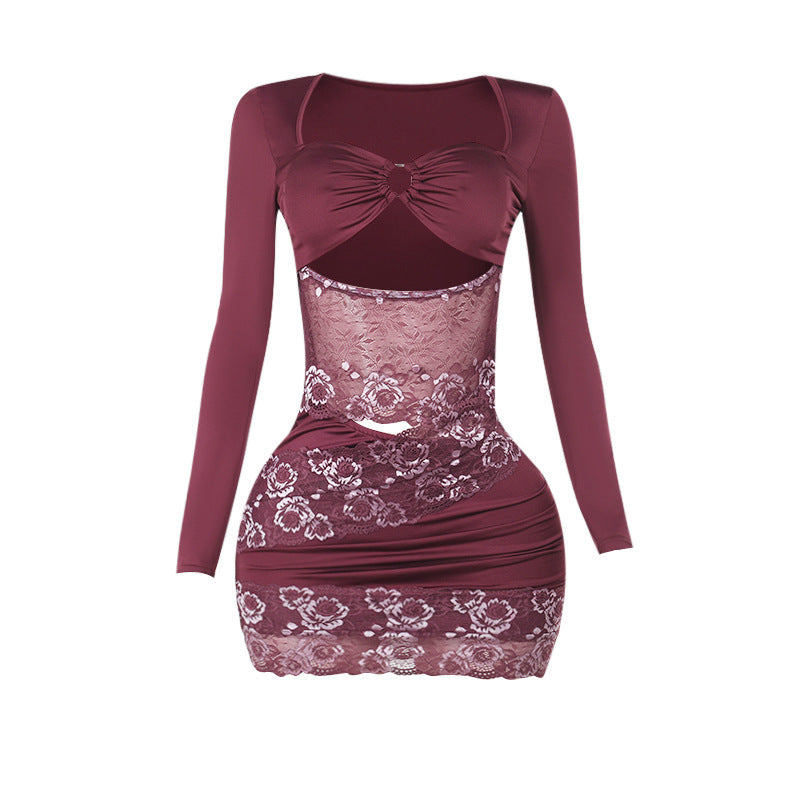 Autumn Long Sleeve Lace Hollow Out Cutout out Sexy Hip Bag Dress Women