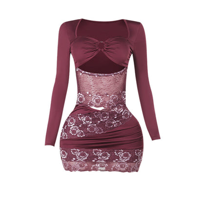 Autumn Long Sleeve Lace Hollow Out Cutout out Sexy Hip Bag Dress Women