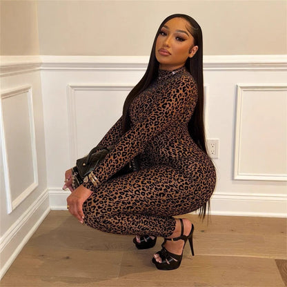 Autumn All Match Stretch Slim Fit Sexy Leopard Print Long Sleeve Jumpsuit for Women
